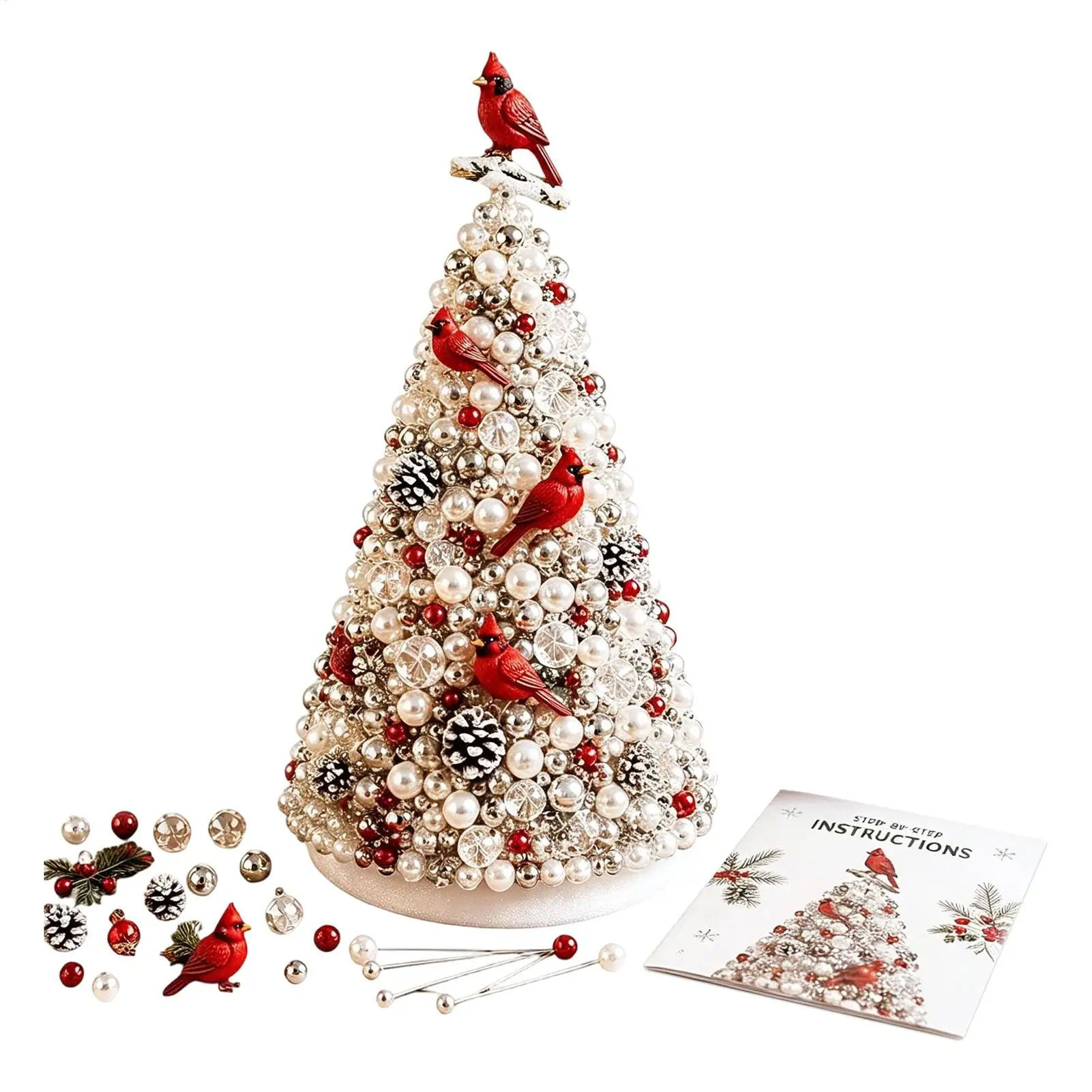 Beaded Christmas Tree Kit Pearl Red Bird Charm Making Crafts Christmas Tree Bead Kit for Holiday Nativity House Wall Tabletop