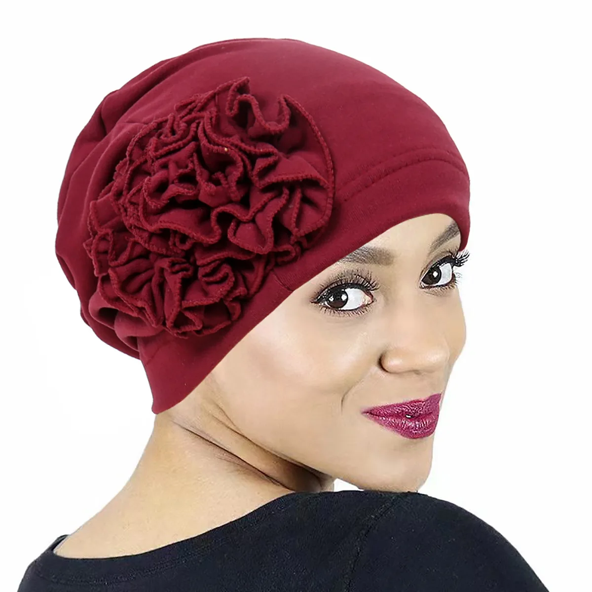 

Plate Flower Turban Cap Elegant Elastic Head Wrap Solid Color Bonnet Head Scarf Women Ramadan Hijab Chemo Hats