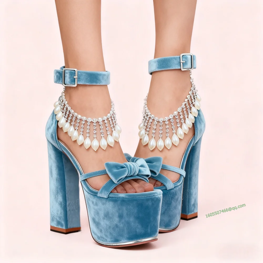

Blue Velvet Chain Decor Platform Sandals Bow Knot Chunky Heel Round Toe High Heel Shoes for Women Shoes Zapatos Para Mujere