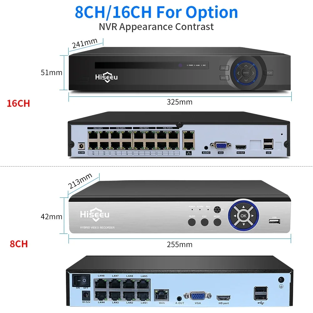 เครื่องบันทึกวิดีโอวงจรปิด Hiseeu POE NVR 16 ช่อง 4K H.265 สำหรับกล้อง IP POE NVR รองรับกล้อง IP ความละเอียด 1080P/3MP/4MP/5MP/8MP/4K