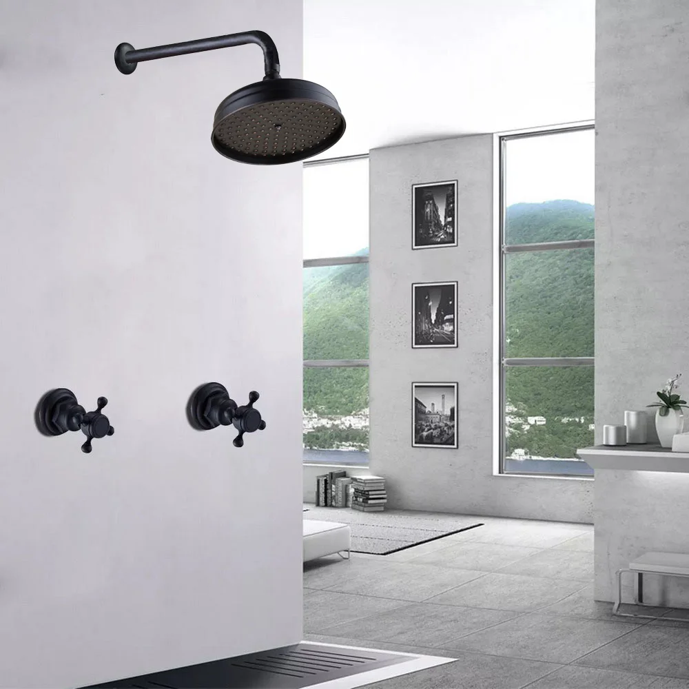 

Black Brass Wall Mounted Bathroom 8" Round Rain Shower Head Faucet Set Dual Cross Handles Mixer Tap mbn207