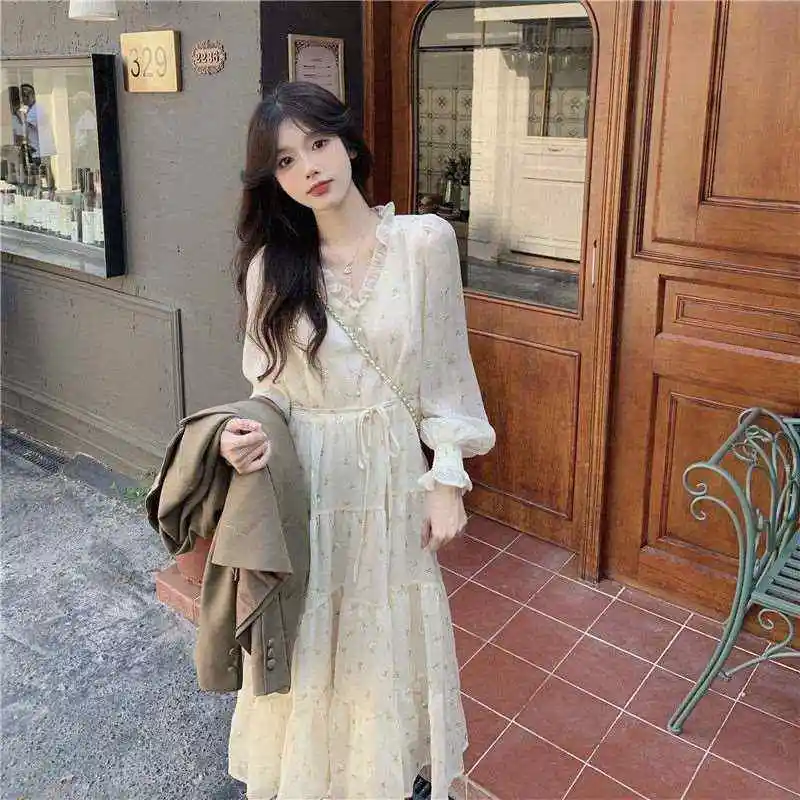 신상 여성 봄 여름 프렌치 쉬폰 롱 스커트 한국 스타일 조절 가능한 허리 A라인 스커트 플로럴 프린트 출퇴근용