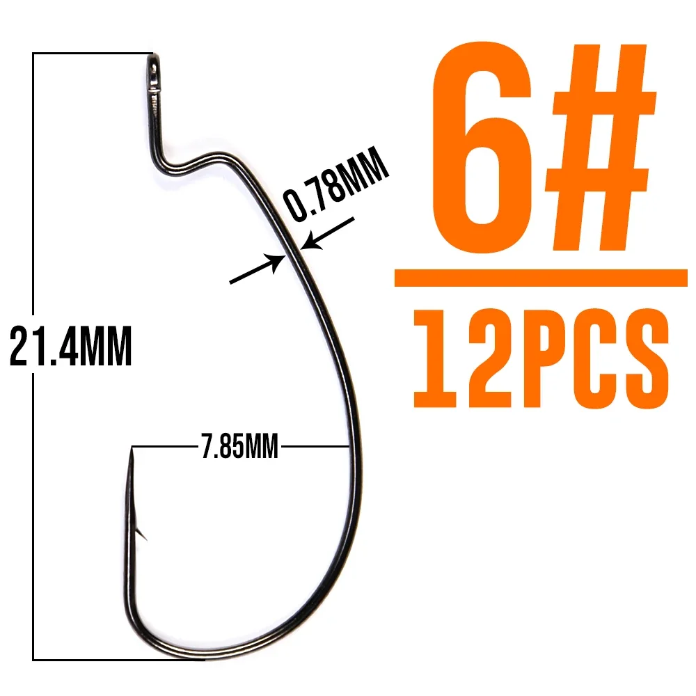 B&U Thin Wire Offset EWG Worm Hook mit großen Ringen, Kurbelhaken aus Kohlenstoffstahl, Angelzubehör für Soft Lure Tackle, 12 Stück
