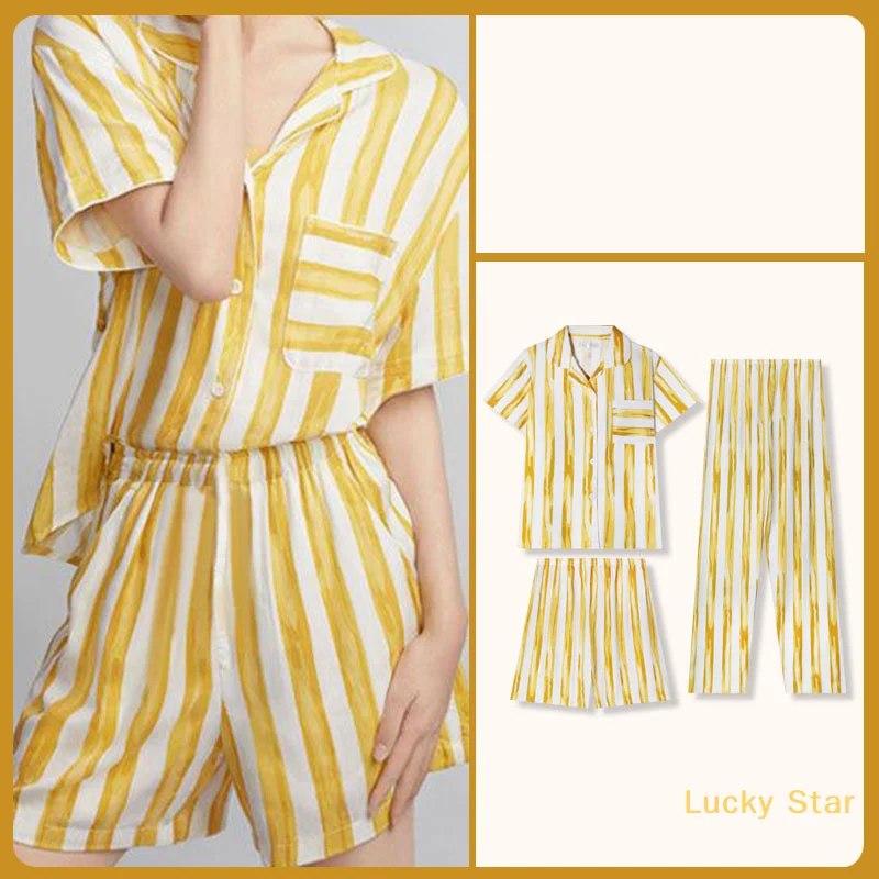 

Summer New Style Ladies Pajamas Cardigan Women Cute Korean Style Short-sleeved Cartoon Home Clothes Three-piece Set