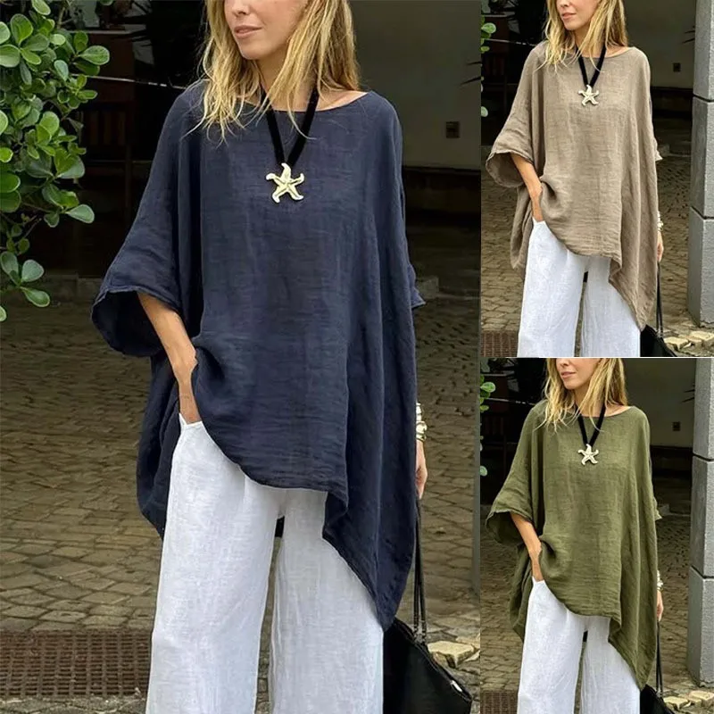 Pull on Loose Fit Top Literary Retro with Mid Length Loose Silhouette Wrinkle Finish Crew Neck Elegant Summer T Shirt for Women
