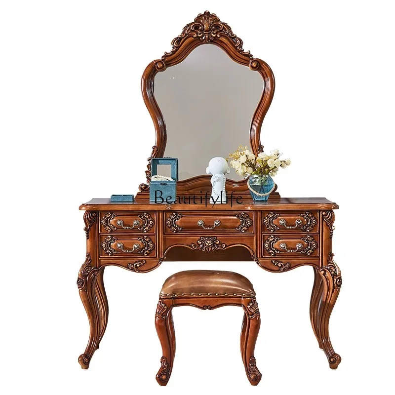 

European solid wood dresser American retro bedroom makeup table storage storage integrated with mirror