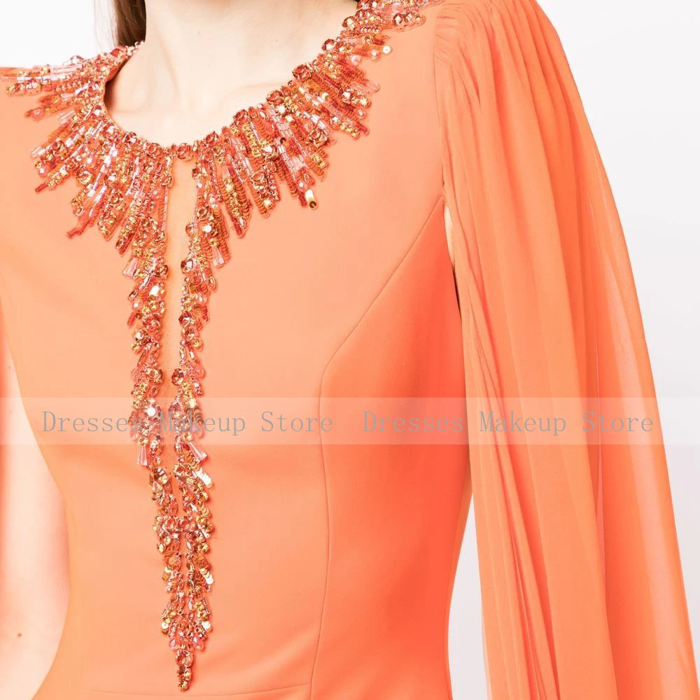 Orange Evening Dress for Women Cloak Sleeves Crystal O Neck Evening Gowns Long 2024 Trumpet/Mermaid Elegant Wedding Guest Dress