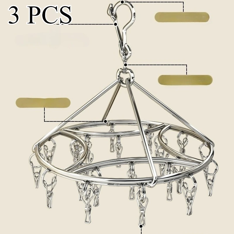 

3pcs Stainless Steel Sock Drying Racks with Clips | Multi-Functional Clothes Hangers for Underwear and Socks | Durable Windproof