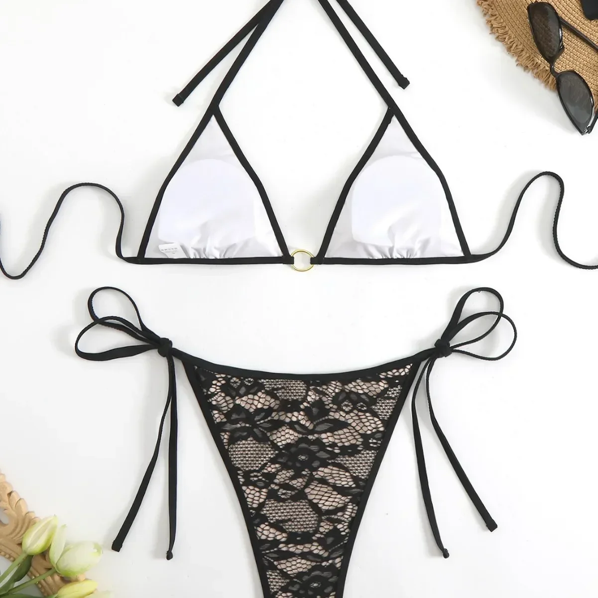 セクシーな三角形プッシュアップビキニサイドストリングビキニ女性用レース水着リング連結水着パッド入りツーピース水着ビーチウェア