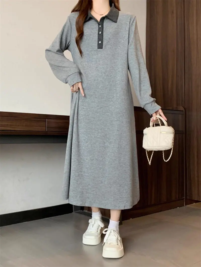 Shirt Collar Fashion Casual Versatile A-Line Dress Large Size Clothes 2024 Artistic Lady Knitted Straight Sweater Dress K2725