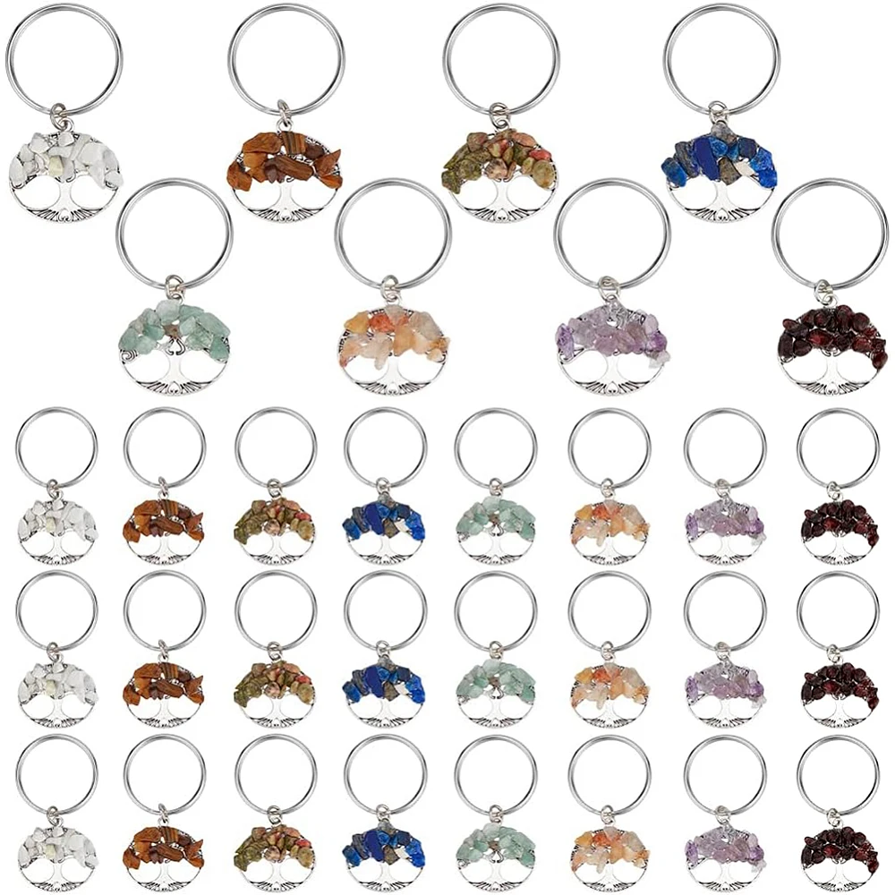 32pcs Tree of Life Keychains 8 Style Charms with 1 Inch Key Rings Stone Key Chain for Handmade DIY Bag Keyring Thanksgiving