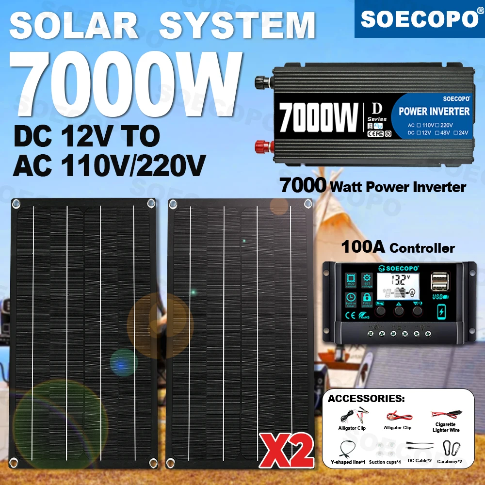 SOECOPO 7000W Peak Solar System Kit 2x800W Panels 100A Controller DC 12V To AC 110V 220V Inverter Generator for Home Camping