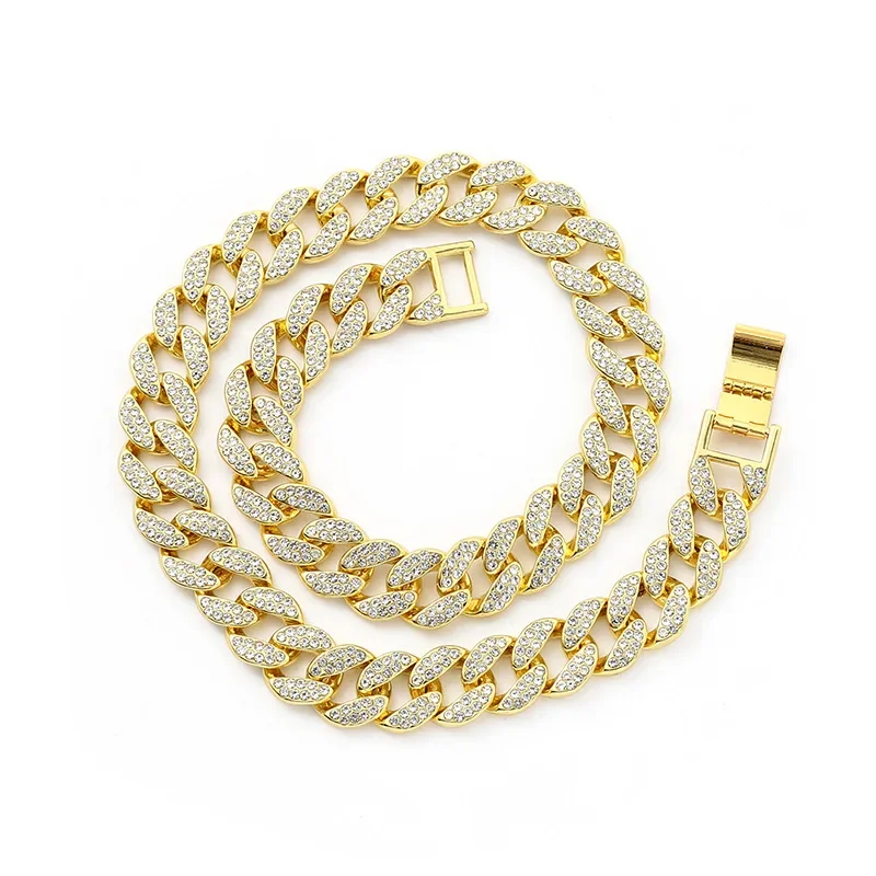 

Foreign Trade New Good Quality Hip Hop 15mm Flat Line Hiphop Cuban Necklace Rhinestone Bracelet