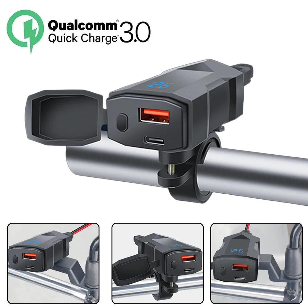 

PD QC3.0 Motorcycle USB Fast Charger Waterproof Dual USB Port Socket With Switch Voltmeter Digital Cell Mobile Phone Charge