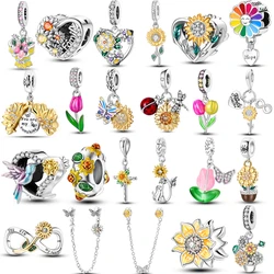 Hot Sale Fit Original Bracelet 925 Silver Sunflowers Tulip Charms Pendants Beads For Women Jewelry Making Gift