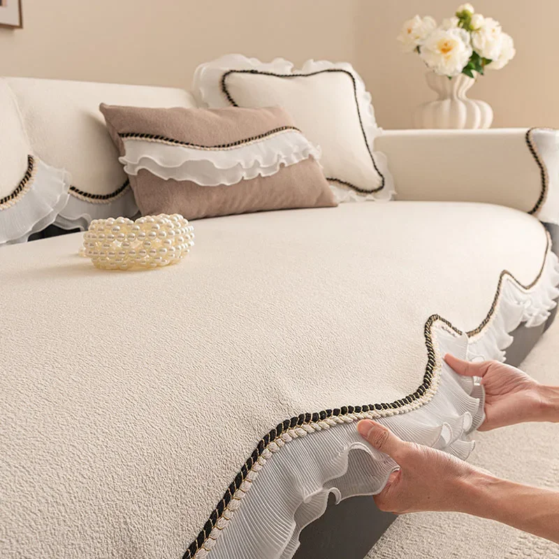 European Teddy Velvet Sofa Cushion with Lace Thick Anti Slip Couch Cover for All Seasons Irregular Hemline Furniture Protector