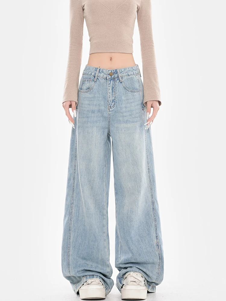 

Американские синие базовые универсальные джинсы прямого кроя с широкими штанинами для женщин, свободные, стройнящие, длиной в пол