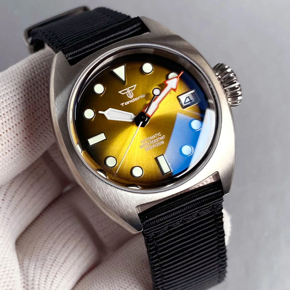 タンドリオ 36mm 新品 ブラックイエロー サンバースト 夜光 メンズ腕時計 スチールケース サファイアガラス NH35ムーブメント 20ATM防水 ナイロンバンド