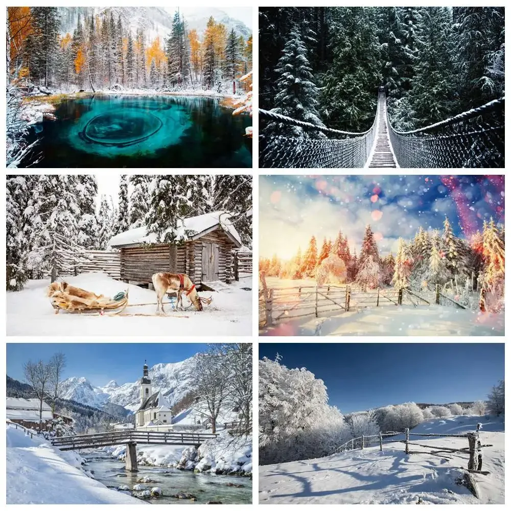 Winter Decoration Photography Backdrops Custom Snow Forest Skiing Field Trees Wooden Home Sleigh Studio Party Photo Backgrounds