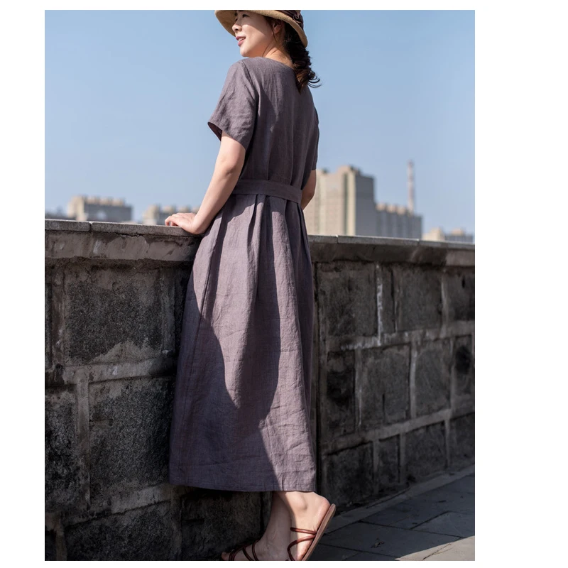 100% Linen Spring Summer Women's Short-sleeved Crew Neck Dress Ginger Temperament Simple Outdoor Casual Comfortable Clothing