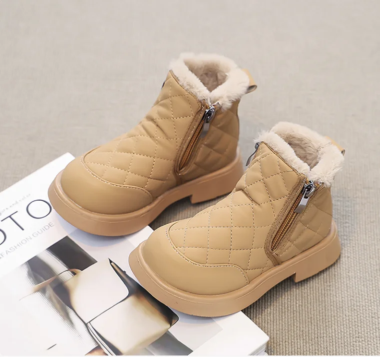 England Style High Top Winter Shoes Kids new 2025 Fashion Plaid Leather Boots Children Side Zipper Warm Boys Girls Snow Boots