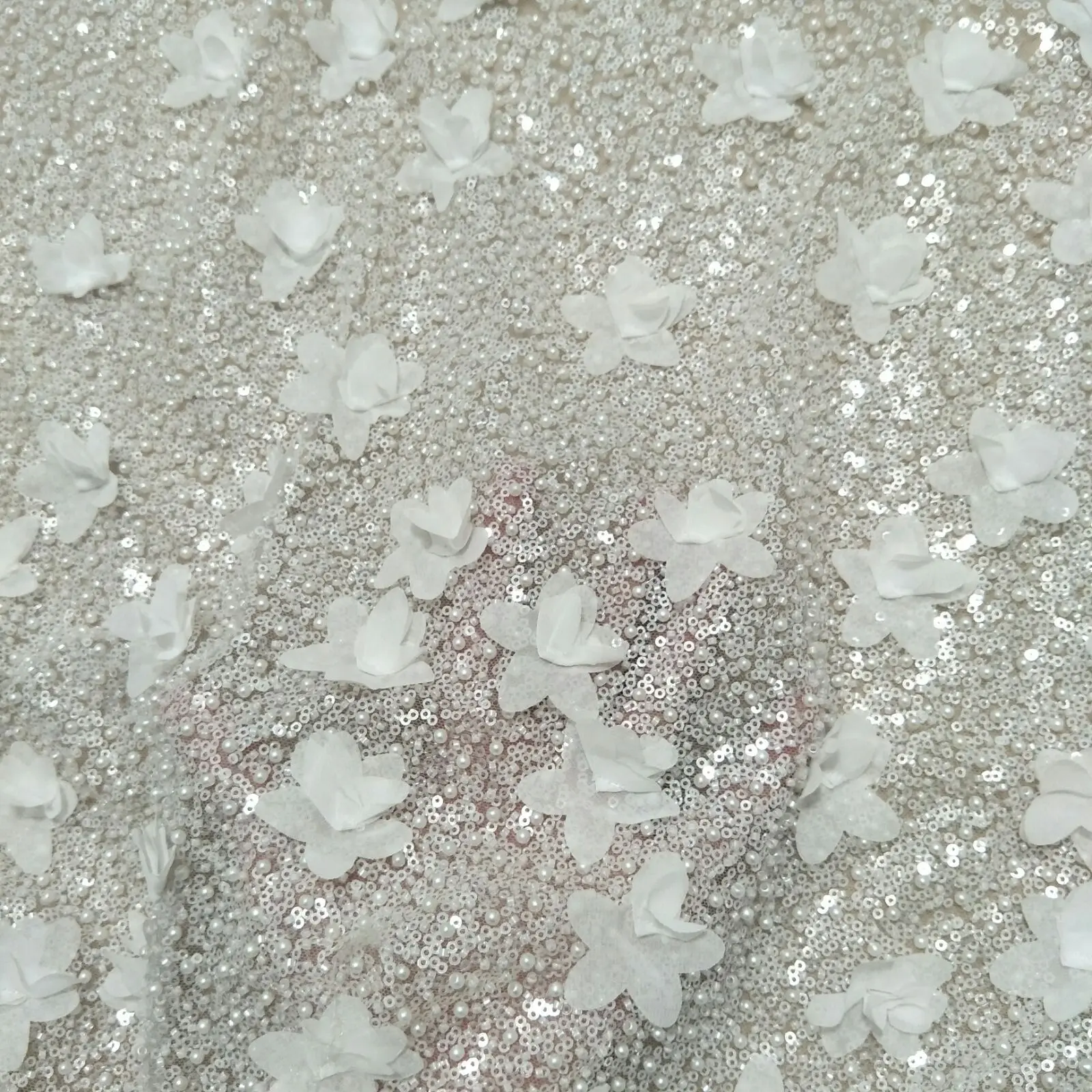 2024 New 3D flower lace ivory color wedding dress lace with sequins and beads lace fabric 130cm wide is sold by yard