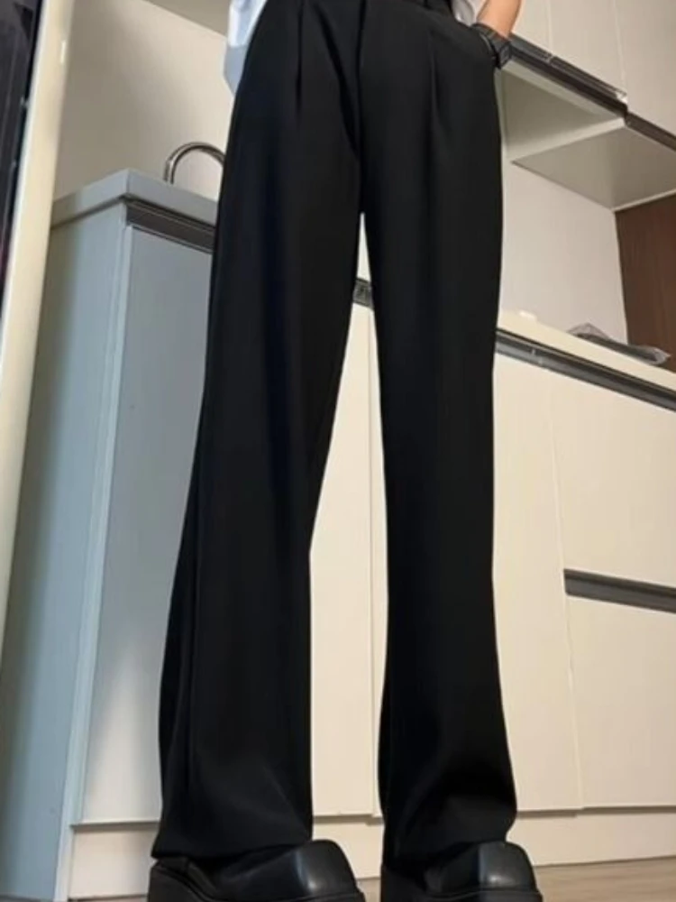 Men's Black Straight Fit Dress Pants High Waist Elegant Drape Tall Size Casual Trousers Spring Summer