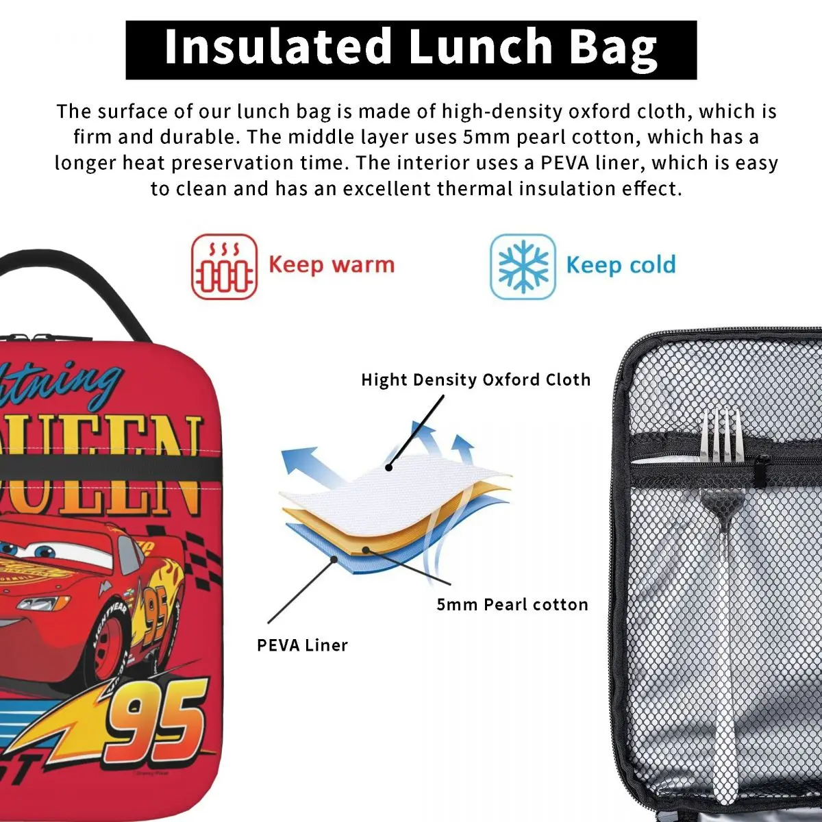 Cars Lightning McQueen Think Bolsas de almuerzo con aislamiento rápido Bolsa térmica Contenedor de almuerzo Bolsa de almuerzo a prueba de fugas Bolsa de comida Viaje