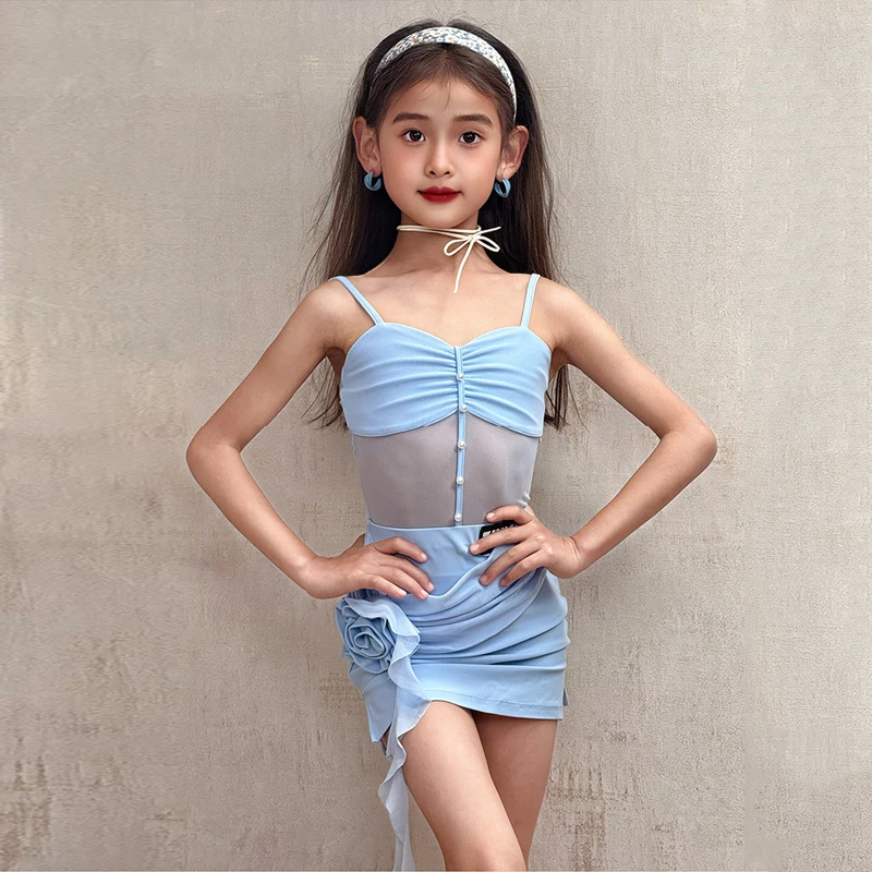 

Blue Latin Dance Suit Kid Summer Sling Dress Mesh Leotard Wrap Skirt Rumba Tango Stage Costume Girls Latin Practice Clothes 3714