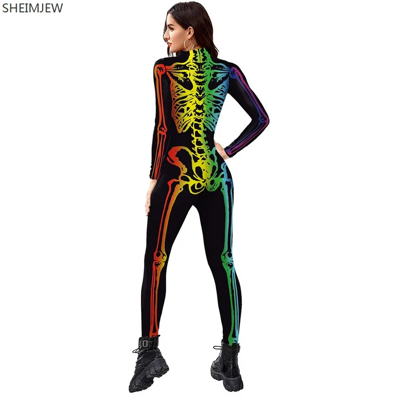 Disfraz de Halloween con estampado 3D de calavera fluorescente, mono Sexy para adultos, ropa de fiesta de carnaval, S-XL