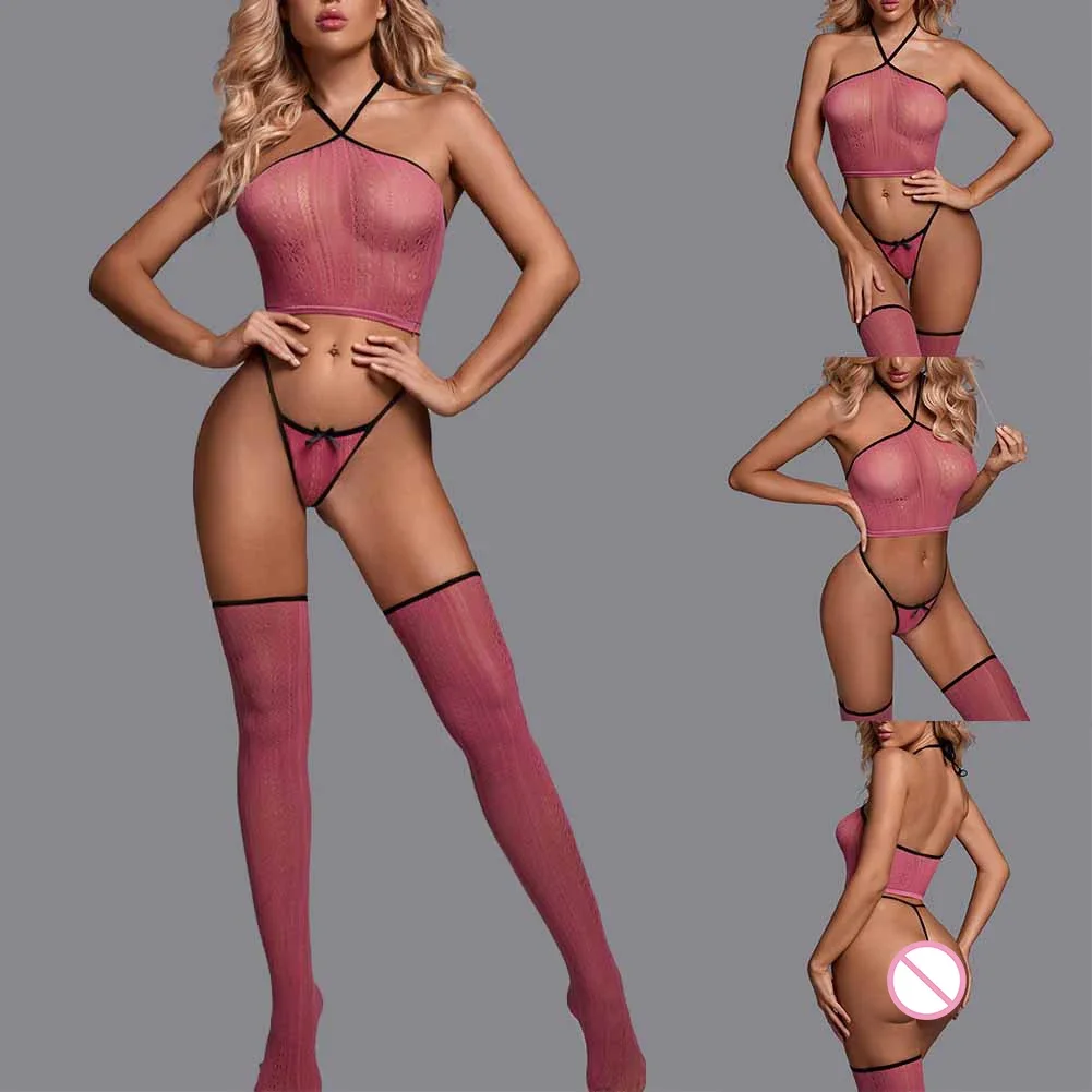 

Women Sexy Lingerie Three Piece Suit Sexy Seductive Halter Neck Pajamas Bodycon Slim Fit See Through Bodysuit