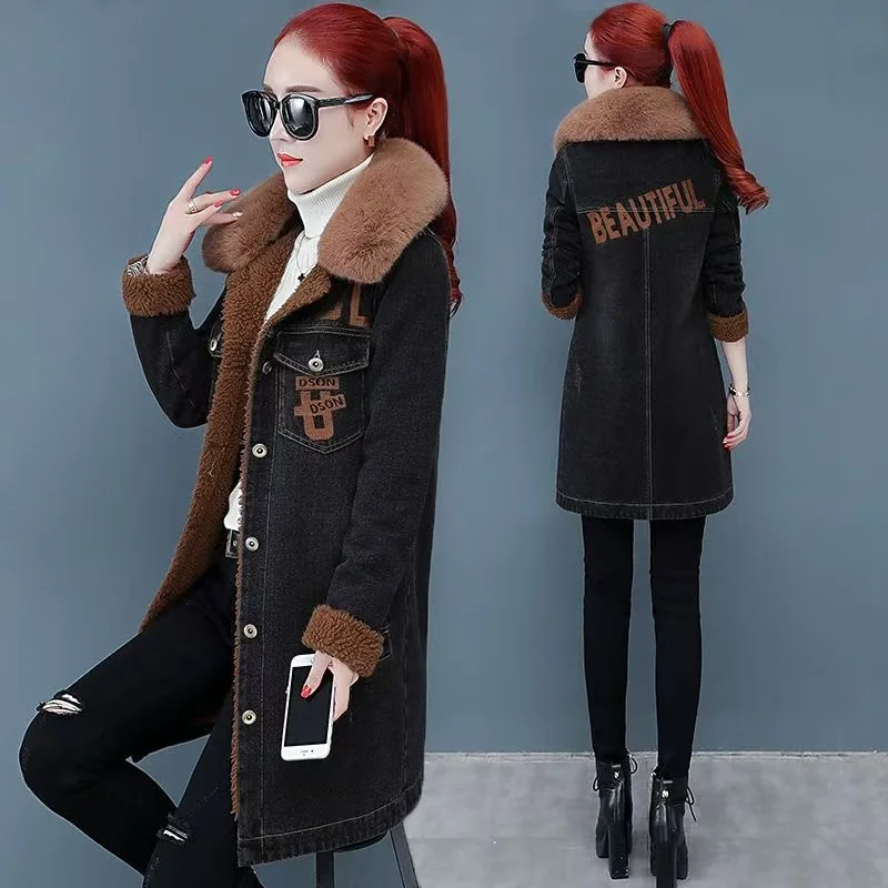 

Autumn Winter Denim Coat Women Add Velvet Thickening Warm Cowboy Overcoat 2025 New Korean Mid-length Denim Windbreaker S-5XL Top