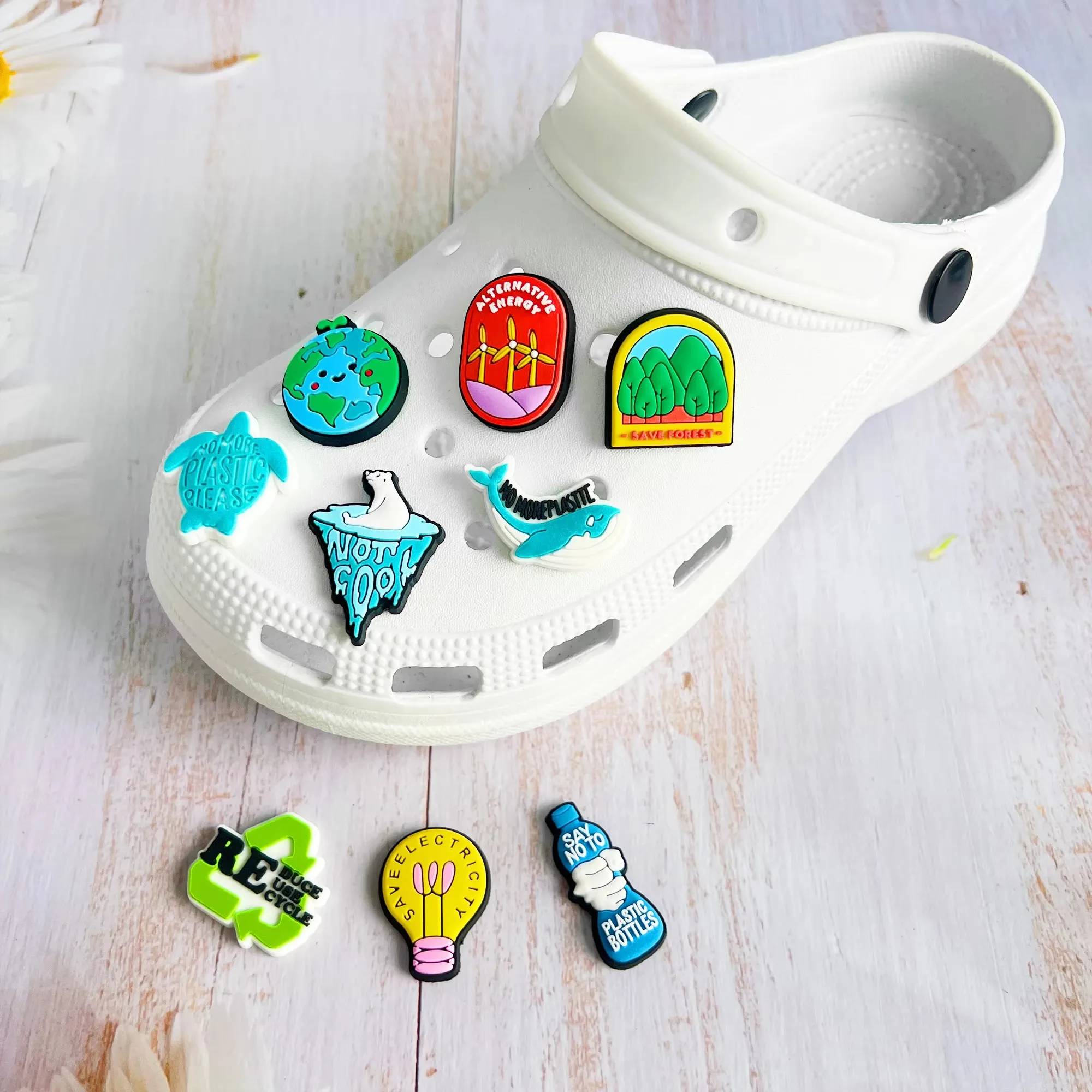 1-9pcs Reduce Reuse Recycle Save Earth Forest PVC Shoe Charms Buckle Wristbands Hole Slipper Accessories Decorations Kid Gift