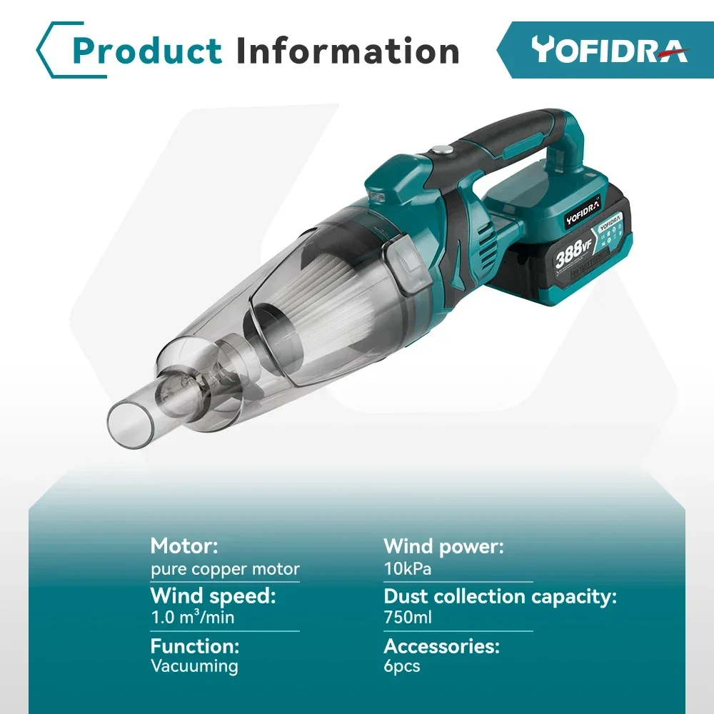 Yofidra 1500W Cordless Handheld Electric Vacuum Cleaner Rechargeable Cleaning Tool for Home Car Pet Hair for Makita 18V Battery