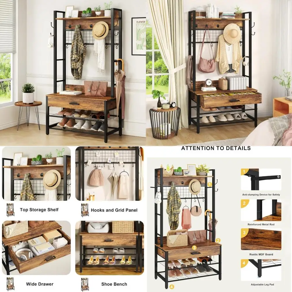 شجرة القاعة مع مقعد، وحدة تخزين الأحذية، ورف معطف المدخل يتميز بنمط صناعي وأدراج لـ 12 خطافًا