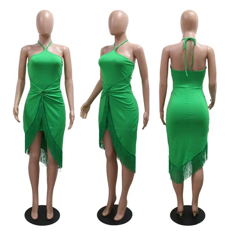 Effen elegante kwastje feestjurken dames nachtclub halter backless strapless mouwloze gedrapeerde onregelmatige sexy bodycon-jurk