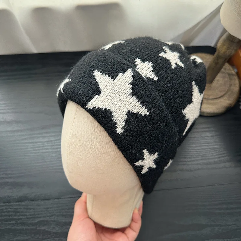 New Five Pointed Star Color Blocked Jacquard Knitted Hat for Men and Women Winter Korean Ins Fashion Y2K Warm Skull Beanie Caps