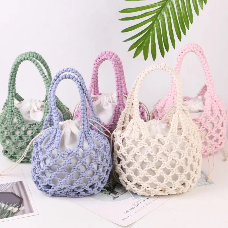 Summer New 2pcs/set Mesh Hollow Out  Handbag Simple Cotton Rope Hand Woven Small Tote Bag Female Bohemian Beach Bag 2024