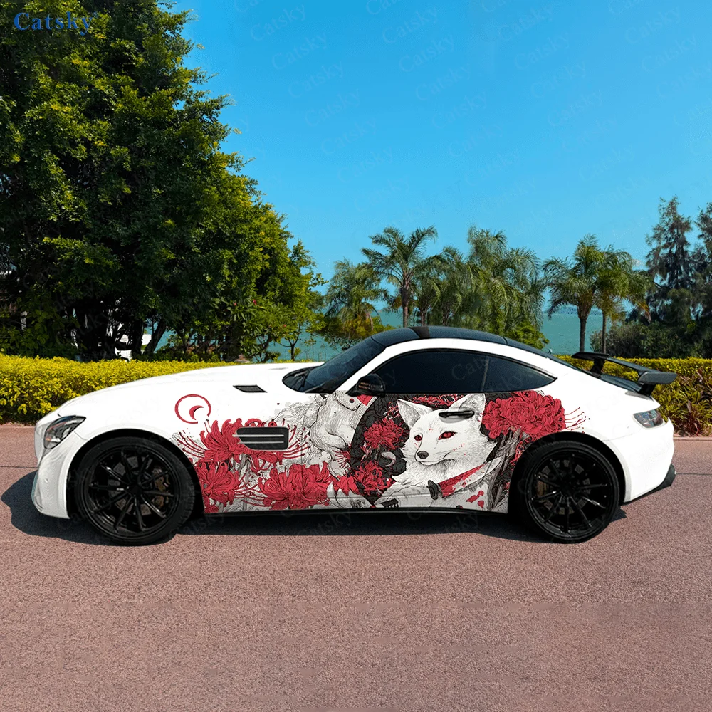 

White Fox Red Flower Car Vinyl Wraps Decal Self-adhesive PVC Sticker Suitable for Trucks SUV Decoration Auto Accessories Gift