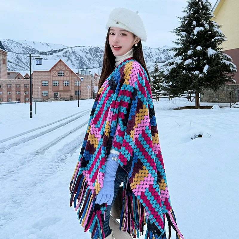 

Autumn Winter Poncho Knitwear Oversized Cape Trendy Luxury Fringe Checkered Outerwear Scarf Travel Chic Stylish Wraparound C1