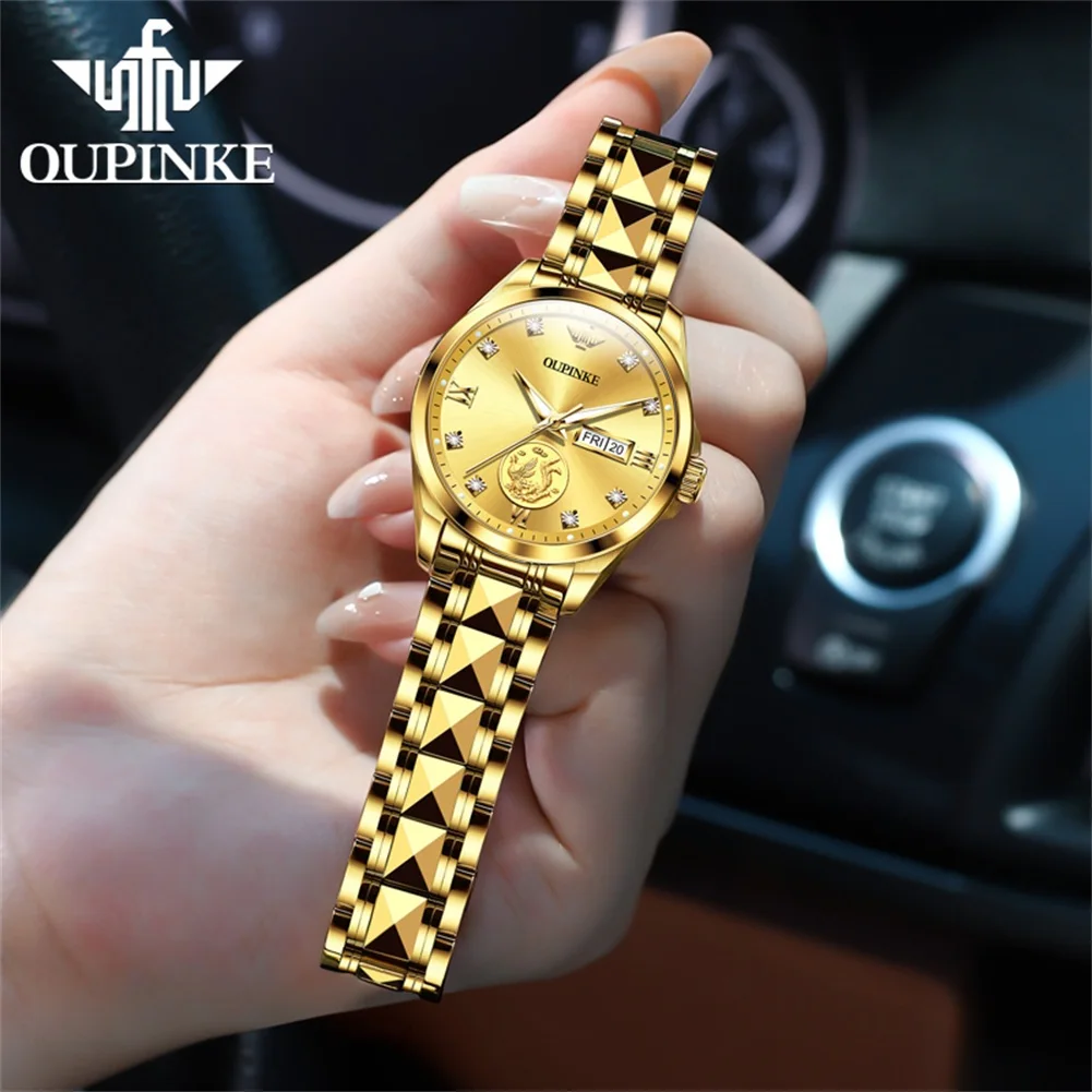 OUPINKE Automatic Watch for Women Luxury Real Gold Phoenix Inlaided Mechanical Watch Swiss Luminous Waterproof Ladies Wristwatch