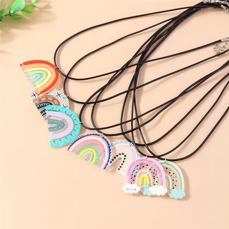 Aihua Colorful Rainbow Necklace for Women Leather Rope Chain Cloud Rainbow Pendant Necklace Cute Summer Beach Jewelry Gifts