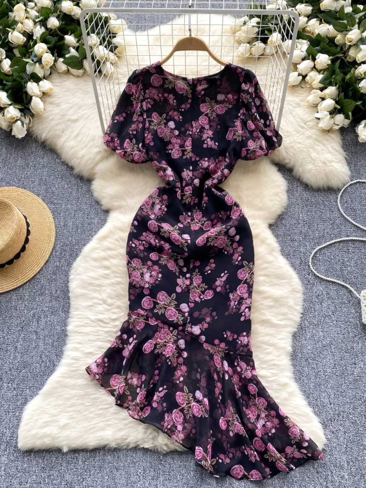 Romantic Floral Print Women's Dr Summer Bubble Sve Asymmetrical Design Luxury Fi Tail Long Gown High Waist A-Line Skirt