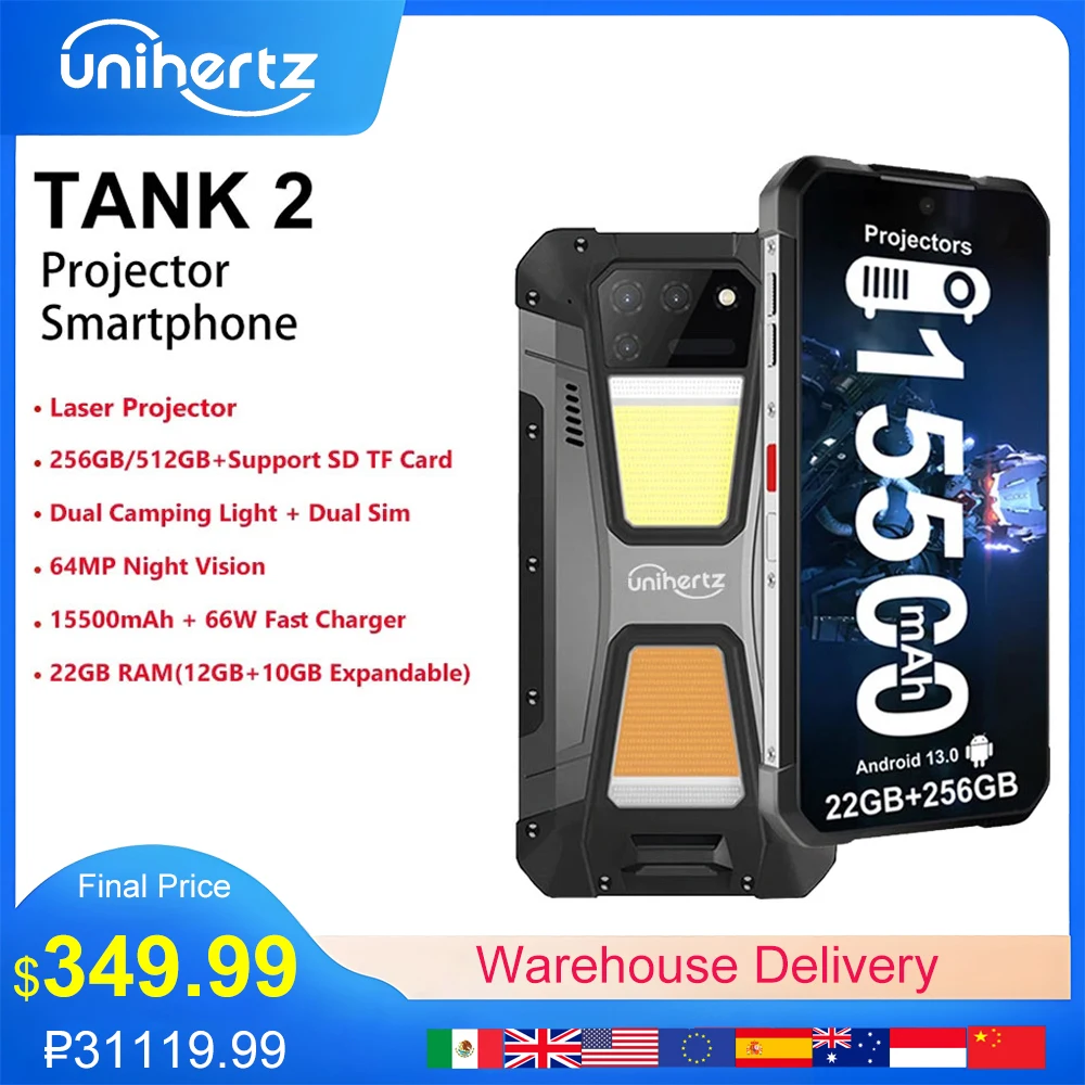 Unihertz-8849 Tanque 2 Projetor, Luz de Acampamento Robusta, 22GB RAM, 256GB ROM, 108MP, 64MP Super Visão Noturna, G99, Suporte SD, TF