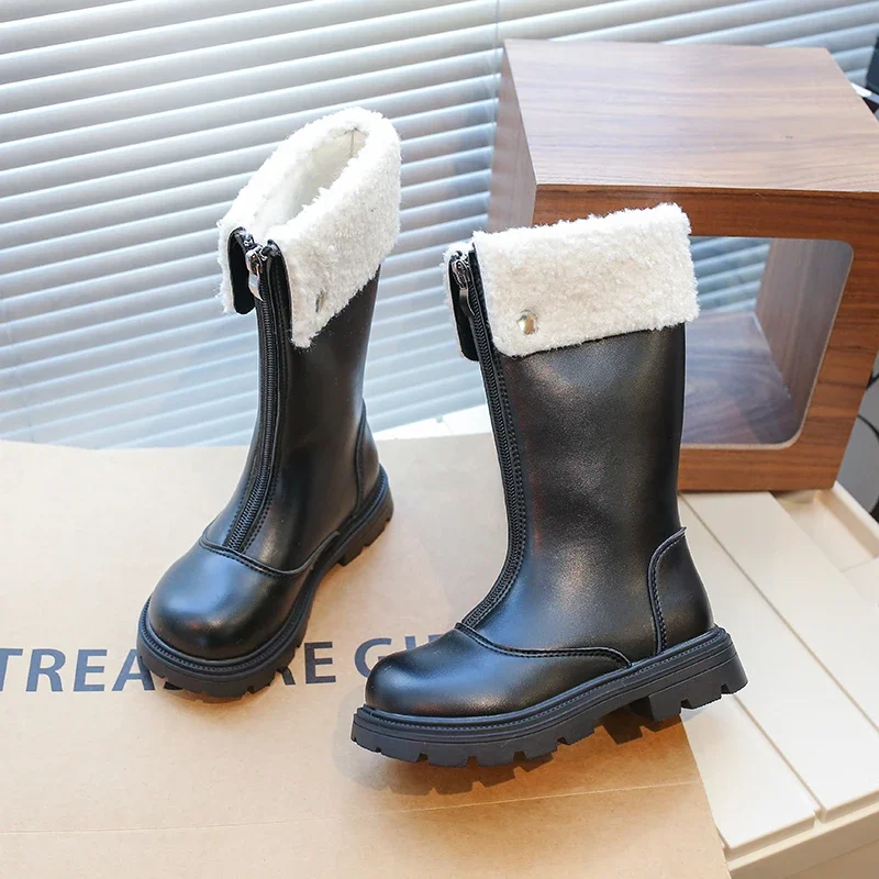 Girl's Long Boots Black PU Leather Platform Plush Boots Trendy Children Winter Zipper Knee-high Boots Handsome Stylish Kids Shoe