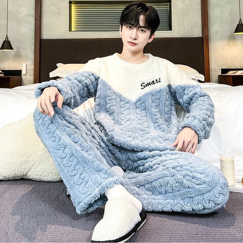 

Men's Coral Fleece Pajamas 2025 Winter Warm Loungewear O-Neck Thickened Flannel Pajama Sets Sleepwear Youth Male Loose Homewear