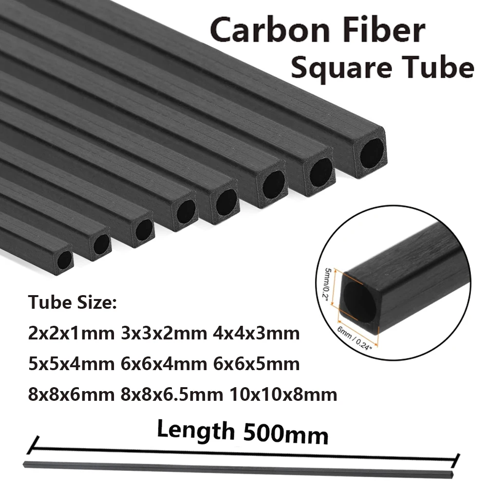 1/2/3pcs Carbon Fiber Square Tube 2-10mm OD X 500mm, Lightweight High-Strength Hollow Rod for DIY Drone Model Crafts