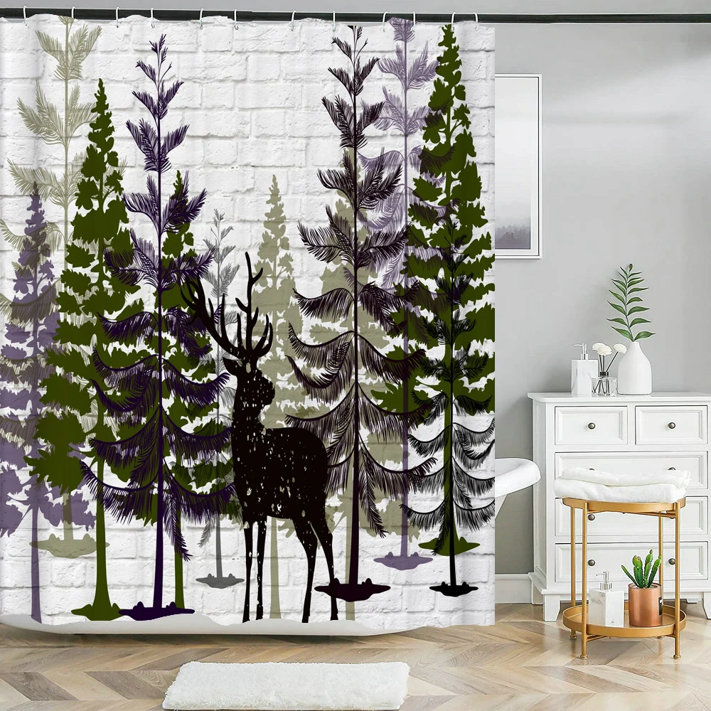 High Quality Forest Trees Deer Fabric Shower Curtain Waterproof Palm leaves Plant Bath Curtains for Bathroom Decorate with Hooks