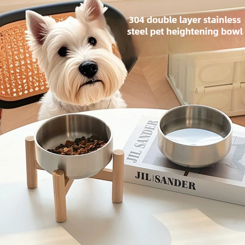 Stainless Steel Wooden Frame Cat Bowl Large-capacity Food Bowl Protecting Cervical Vertebrae Pet Feeding Supplies Accessories