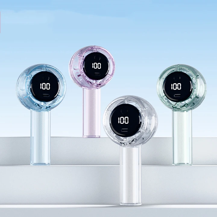 2025 وصول جديد الشفافية 100 سرعات قابل للتعديل LED شاشة ديجيتال مراوح عالية السرعة قابلة للشحن مروحة تربو صغيرة محمولة باليد